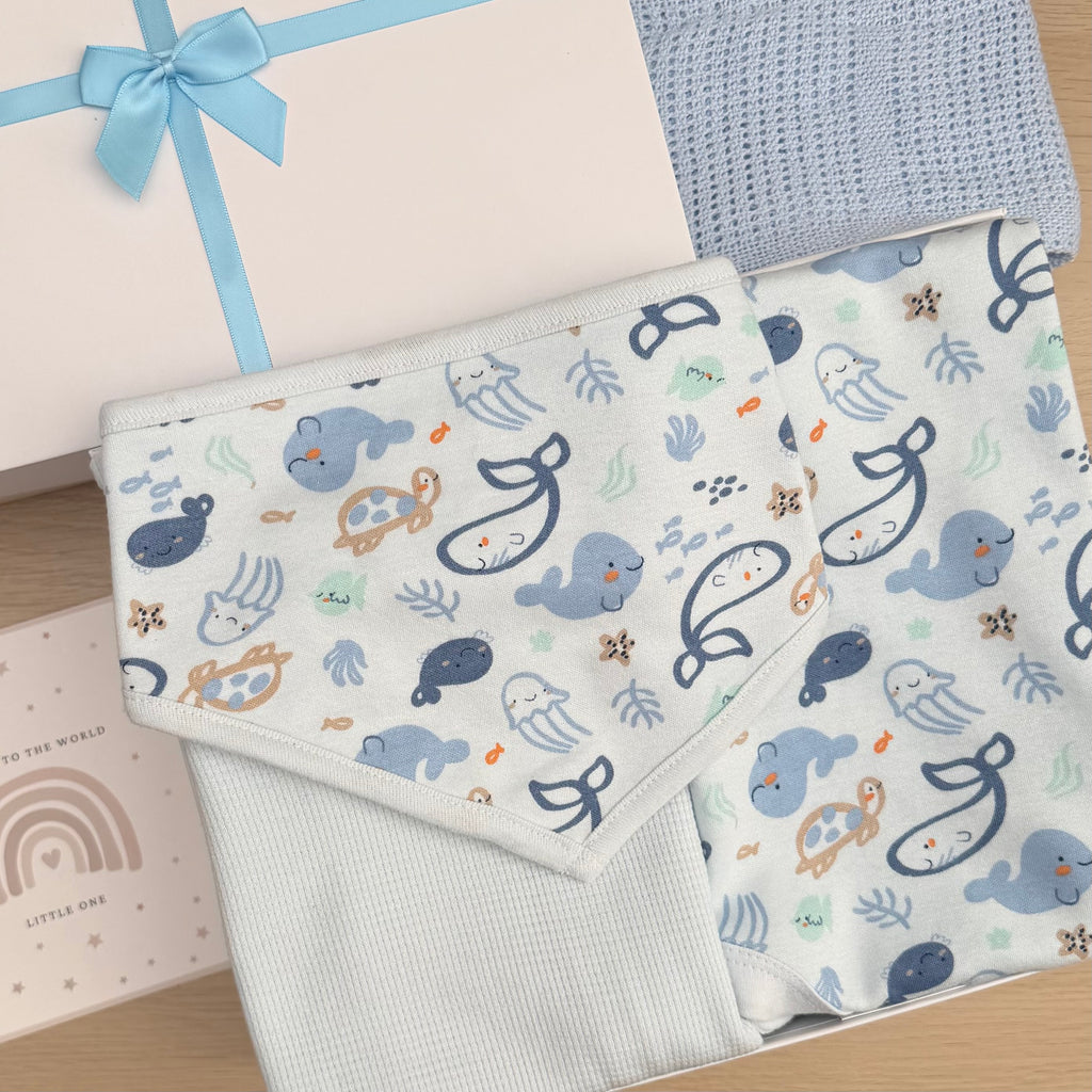 A blue cellular baby blanket , baby vest with a playful underwater animal print in blue, baby bib, mittens and a gift box with a light blue ribbon.