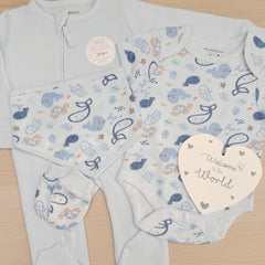 A coordinated baby gift set including a matching bodysuit with a blue whale and sea-creature print, baby grow, bib a matching pair of baby mittens and a heart-shaped plaque that reads 'Welcome to the World.'.