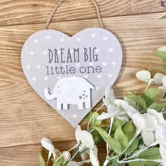  wooden heart plaque Grey with white hearts  and elephant Text - Dream big little one