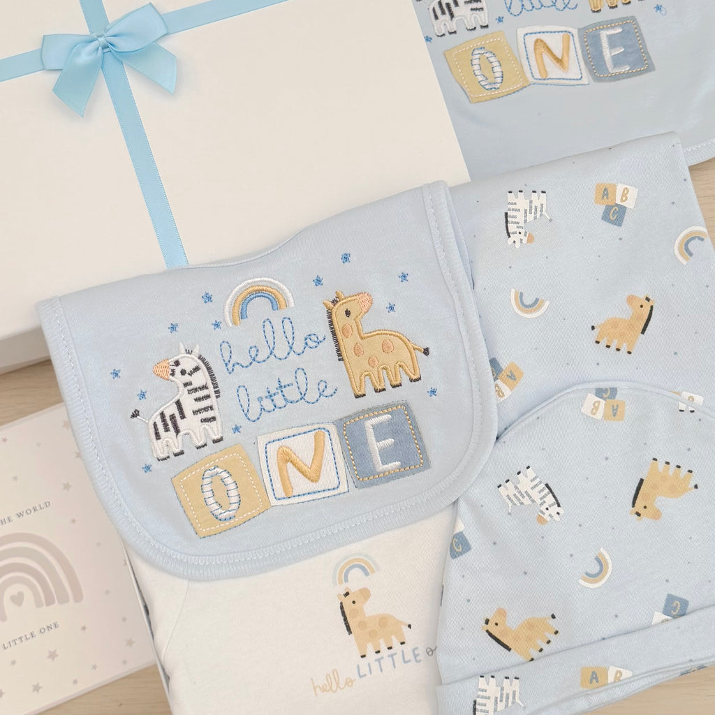 New Baby Boy Baby Gift Hamper (6 Items) Hello Little one New Baby Gift