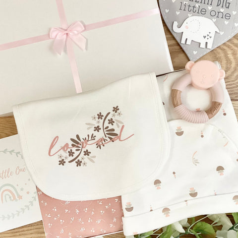 New baby girl gift hamper (7 Items) - Loved 100% Organic Cotton  New Baby Gift