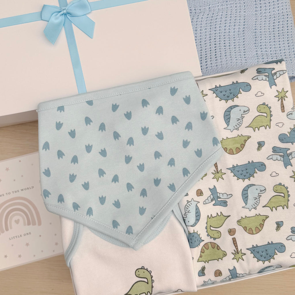 A baby gift set featuring a light blue patterned bib, a white blanket with a blue and green dinosaur print, a textured blue knit swaddle, and a white gift box with a light blue ribbon.