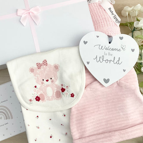 Baby Girl Gift Hamper (7 Items) - Teddy Bear New Baby Gift